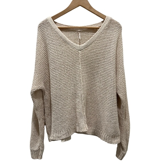 Free People Off-the-Shoulder Cream Sweater Lightweight Slouch V-neck  Sweater XS - Picture 1 of 8